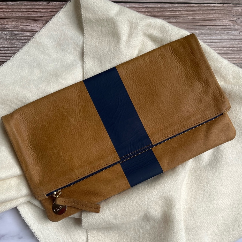 Clare V Vivier Foldover Leather Clutch with Navy Stripe